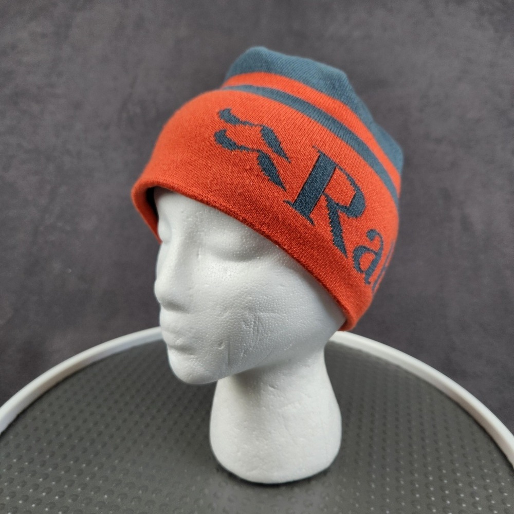 Rab Hat Beanie Fitted One Size Orange Blue Logo Band‎ Knit Mens Winter Striped